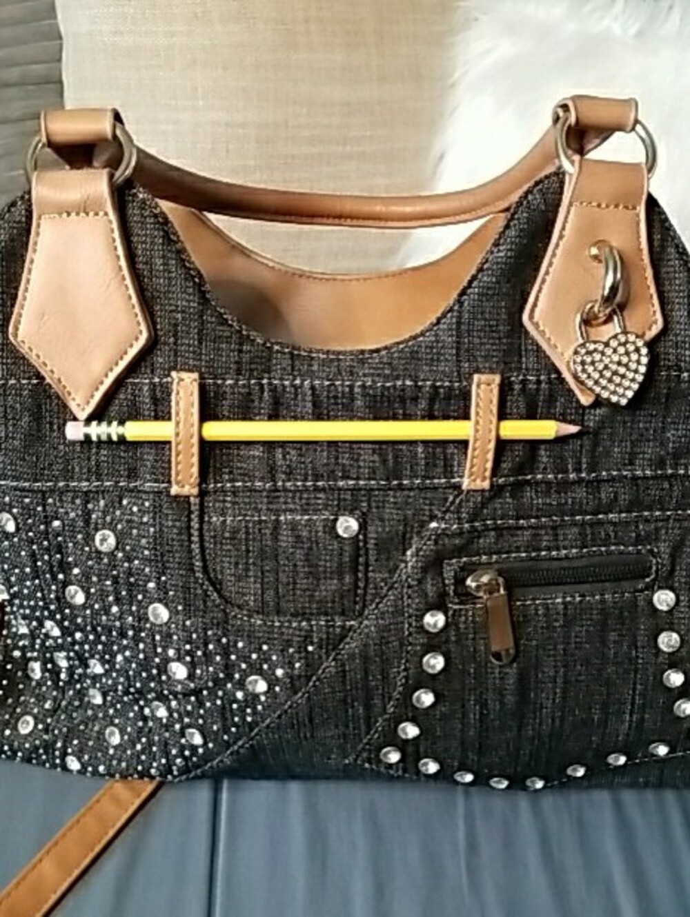 Denim Shoulder Bag with Tan Trim and Rhinestone Detail - Picture 10 of 15